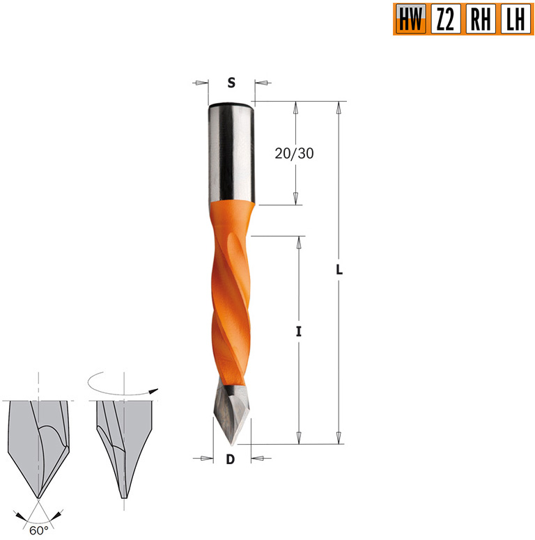 Сверло HW для присадочного станка 7x40x70 Z=2 S=10x20 LH